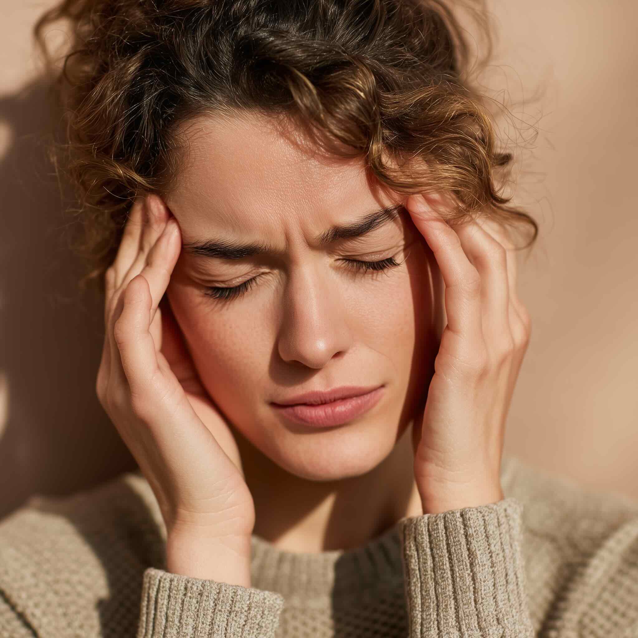 A woman inhaling with hands on heart