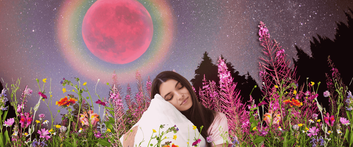 Woman with a pillow at bedtime, flowers around her