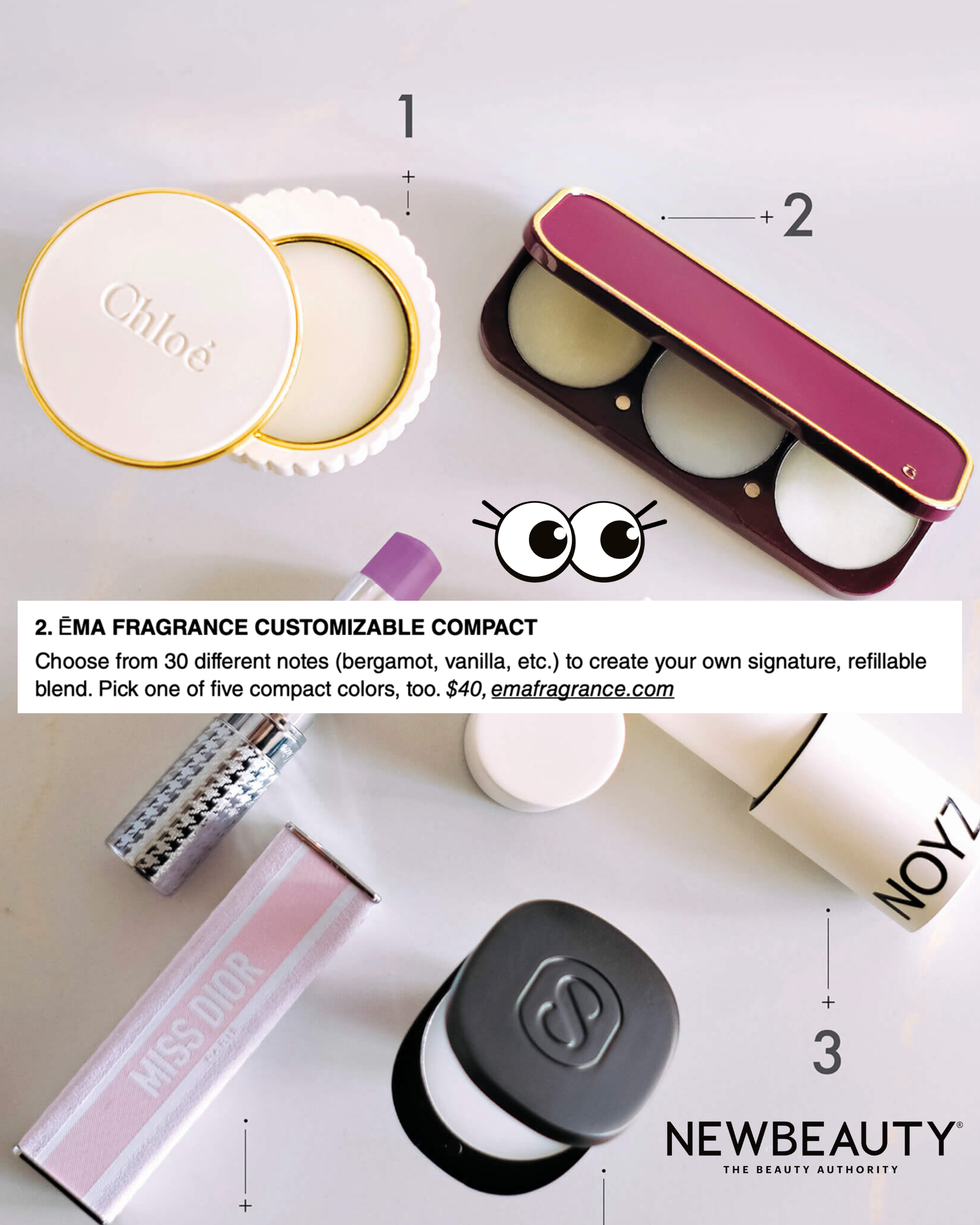 Collection of beauty products including a solid perfume compact and lip gloss on a white background with text overlay.