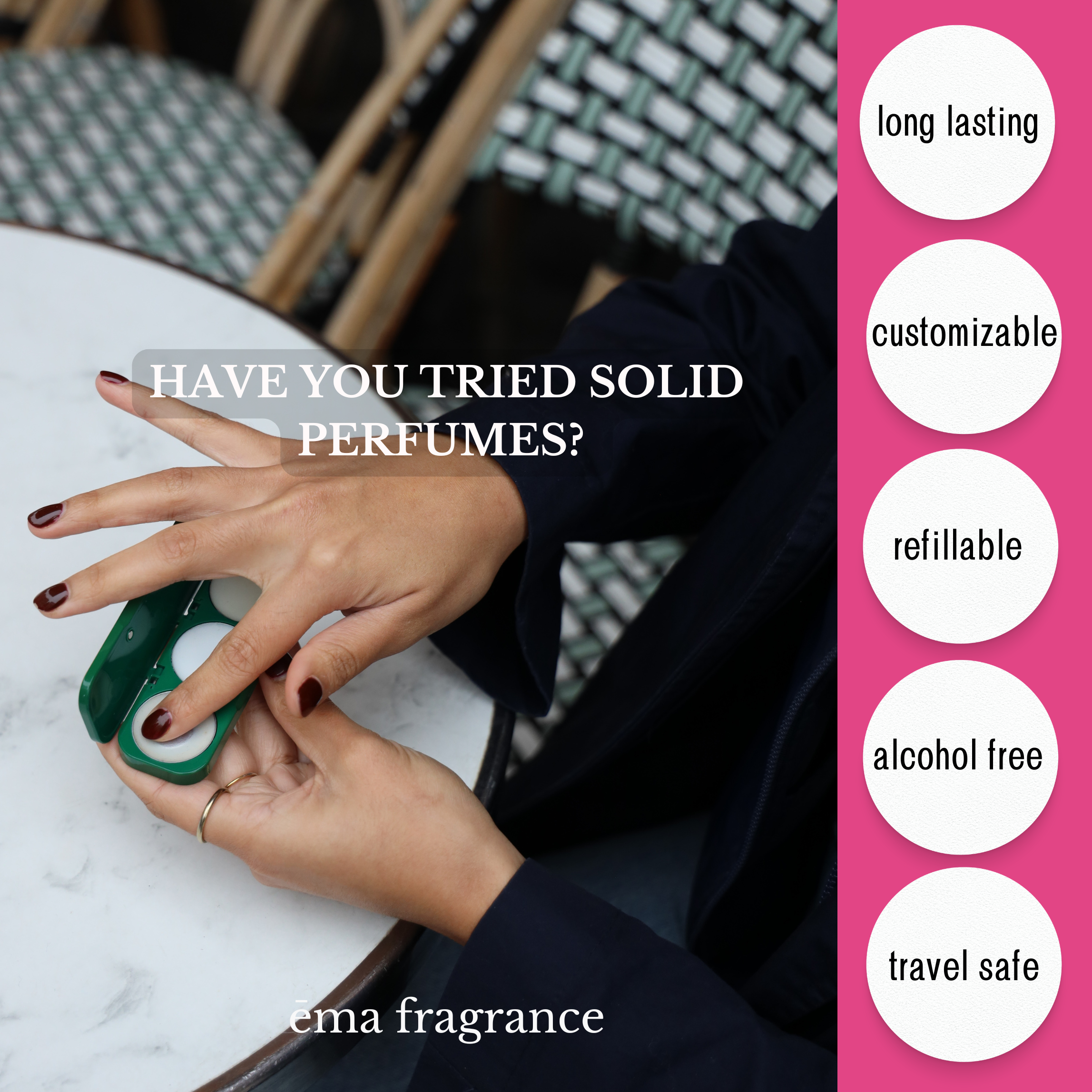 benefits of solid perfume that is customizable, refillable, alcohol free and travel safe