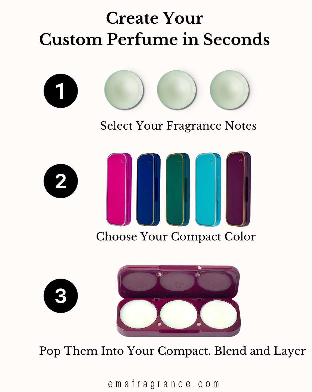 Step-by-step guide to creating a custom perfume with fragrance options on a white background.