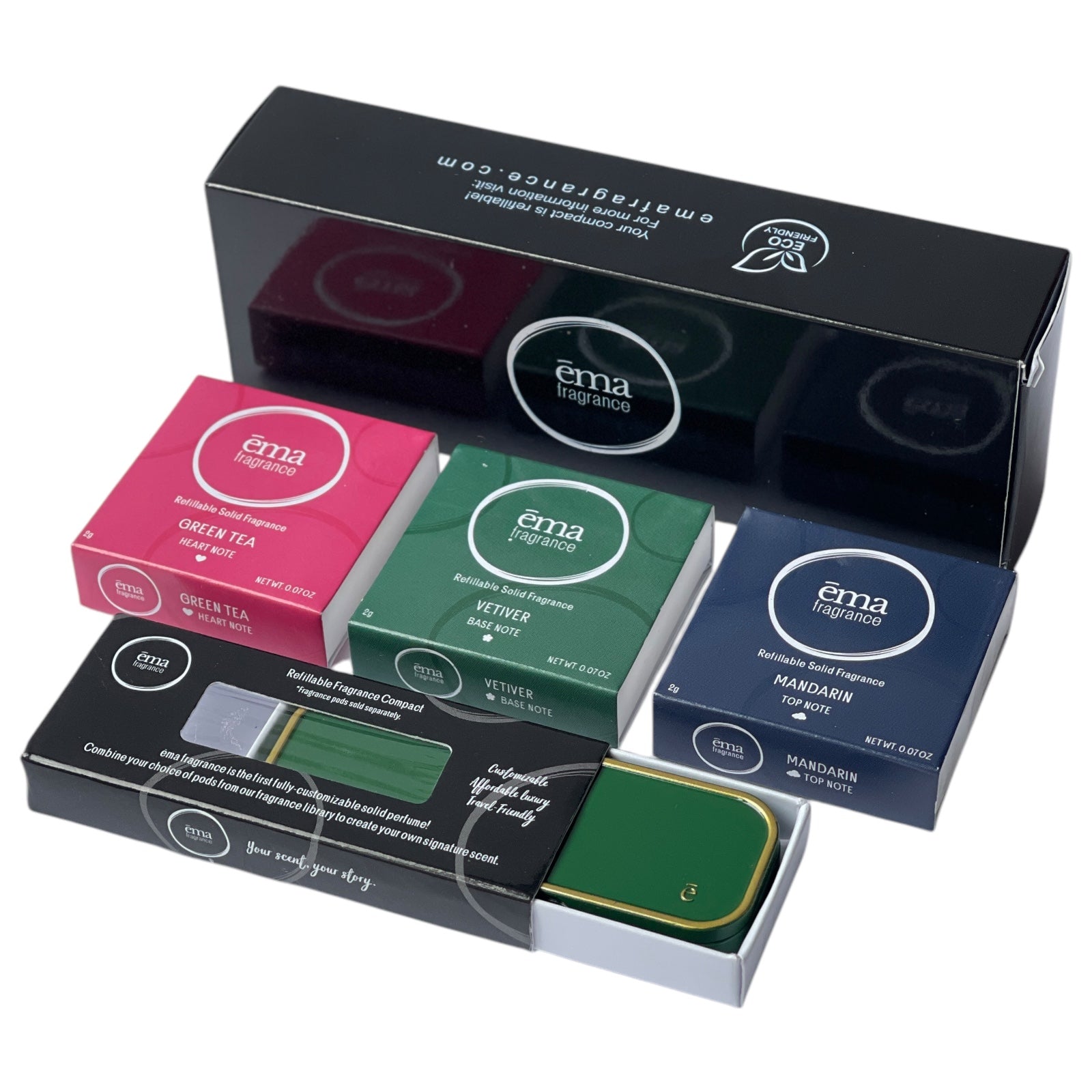 ema fragrance solid perfume gift set with green tea, vetiver, mandarin and green perfume compact