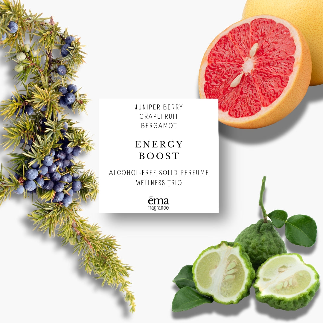 Energy Boost ema fragrance solid perfume blend with juniper berry, grapefruit and bergamot