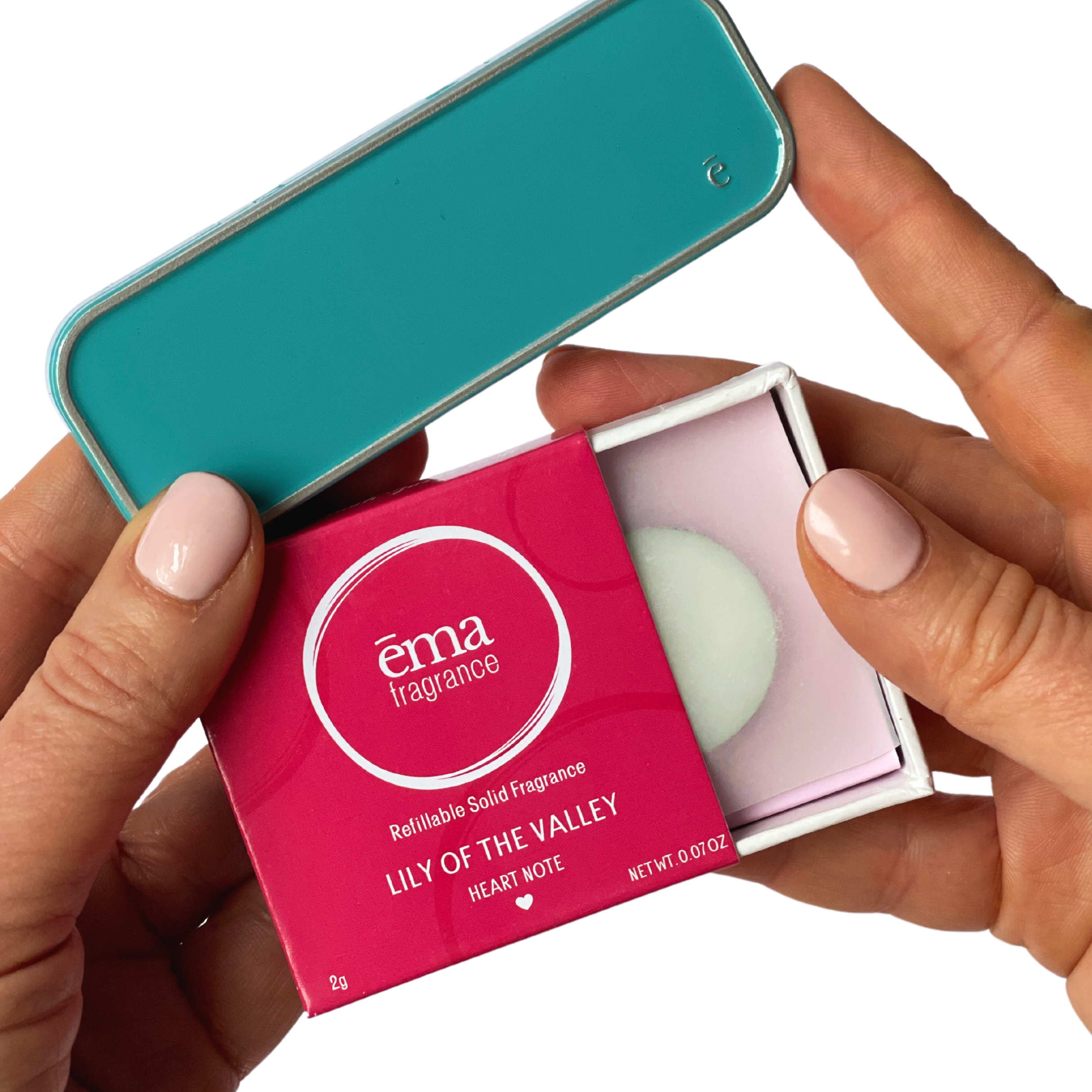 ema fragrance lily of the valley packaging and compact