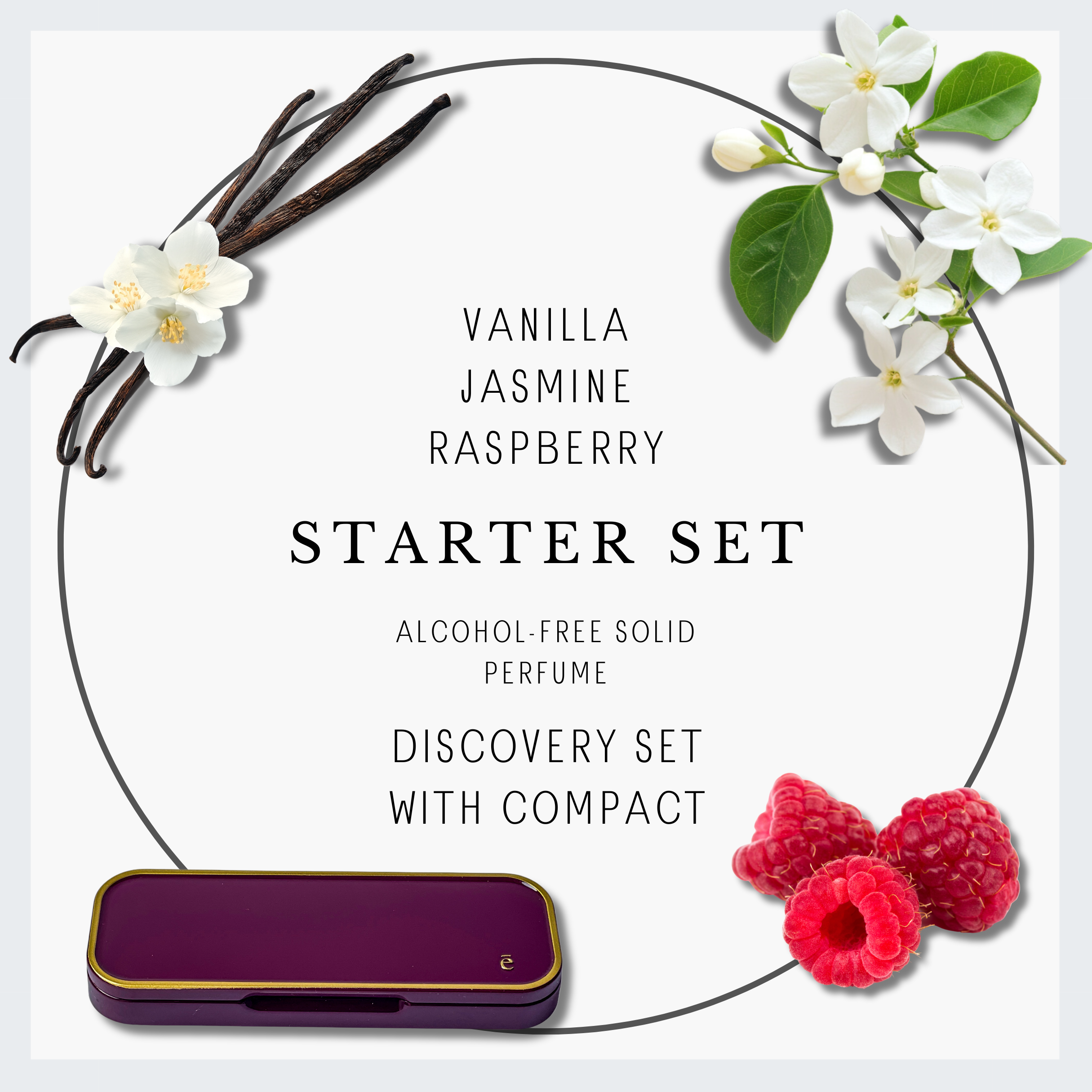 Starter Set Solid Perfume Alcohol Free with fragrance notes vanilla, jasmine and raspberry
