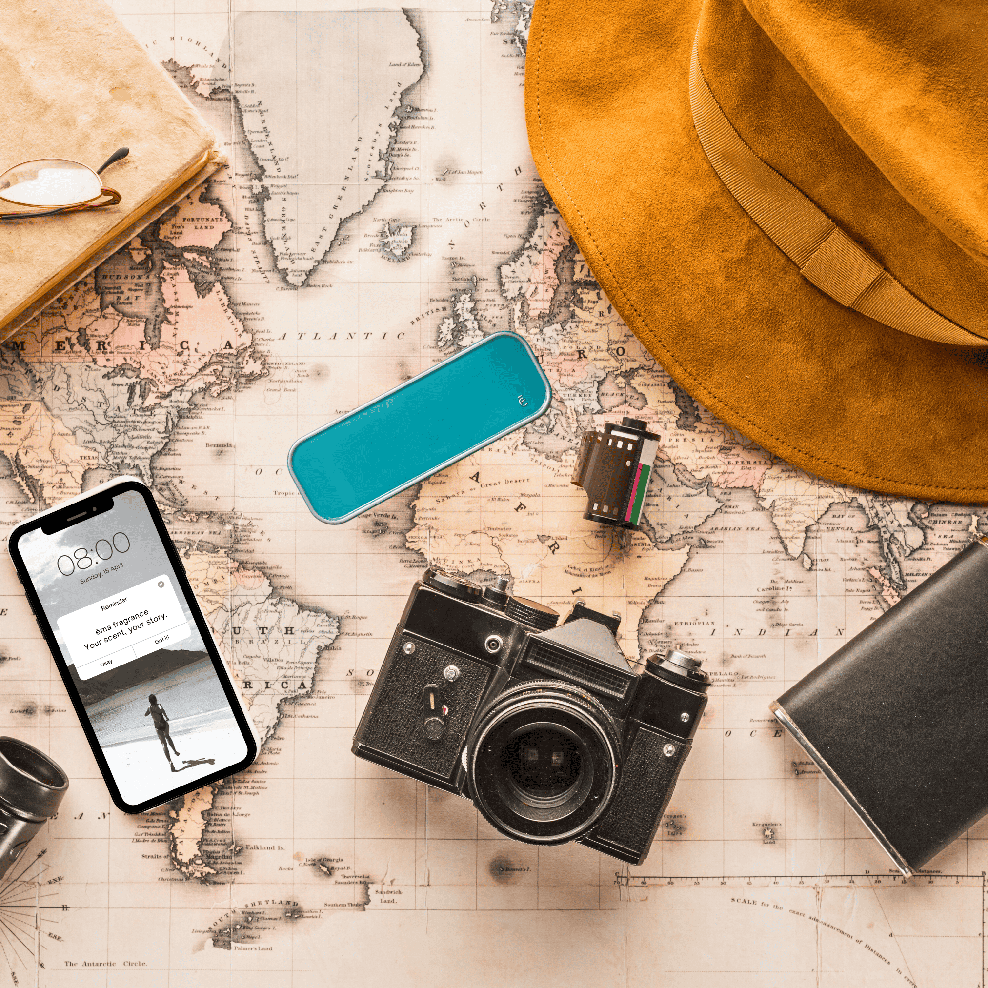 ēma fragrance travel perfume with map and passport