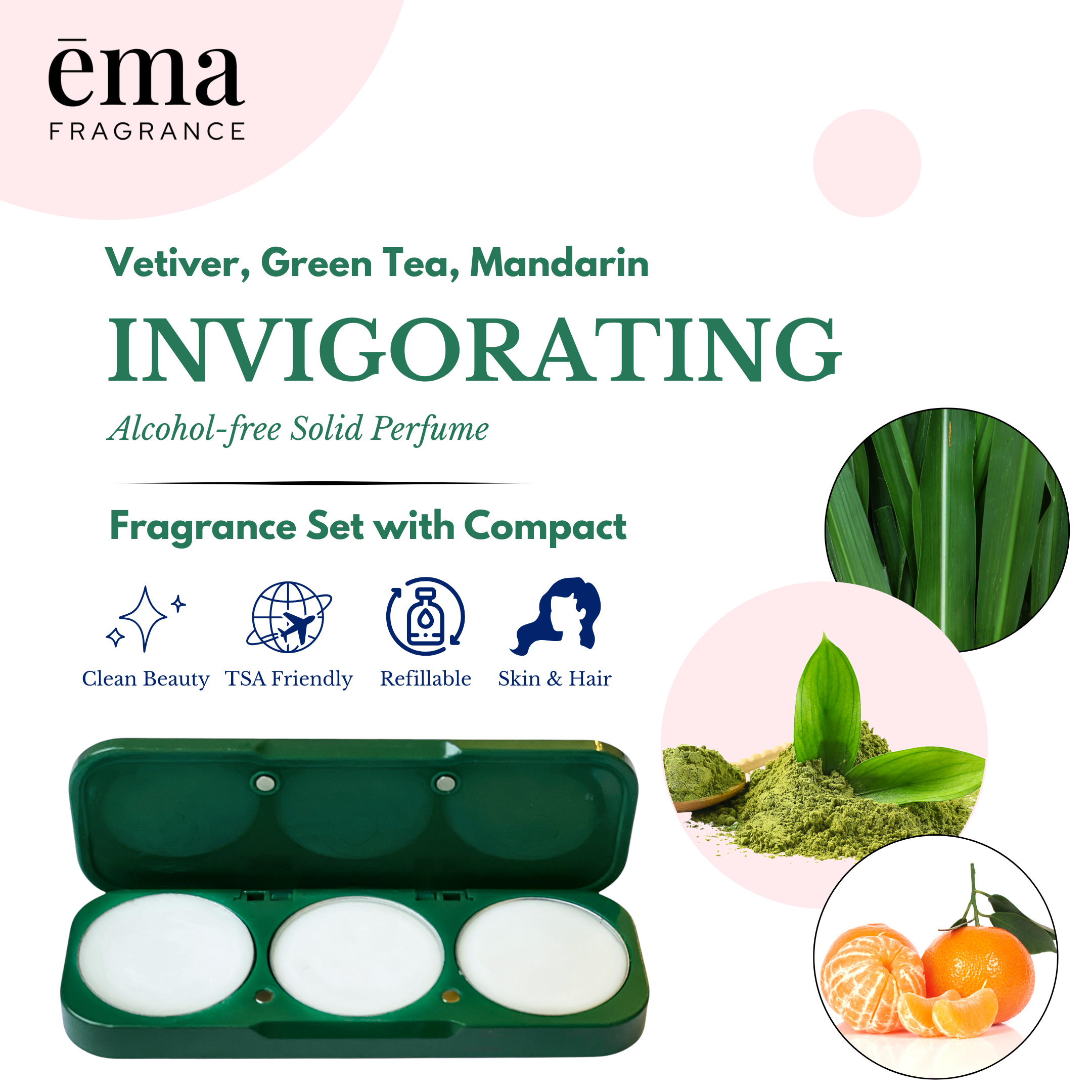 Invigorating Set -3 Solid Fragrance Pods - Vetiver, Green Tea, and Mandarin + Refillable Compact