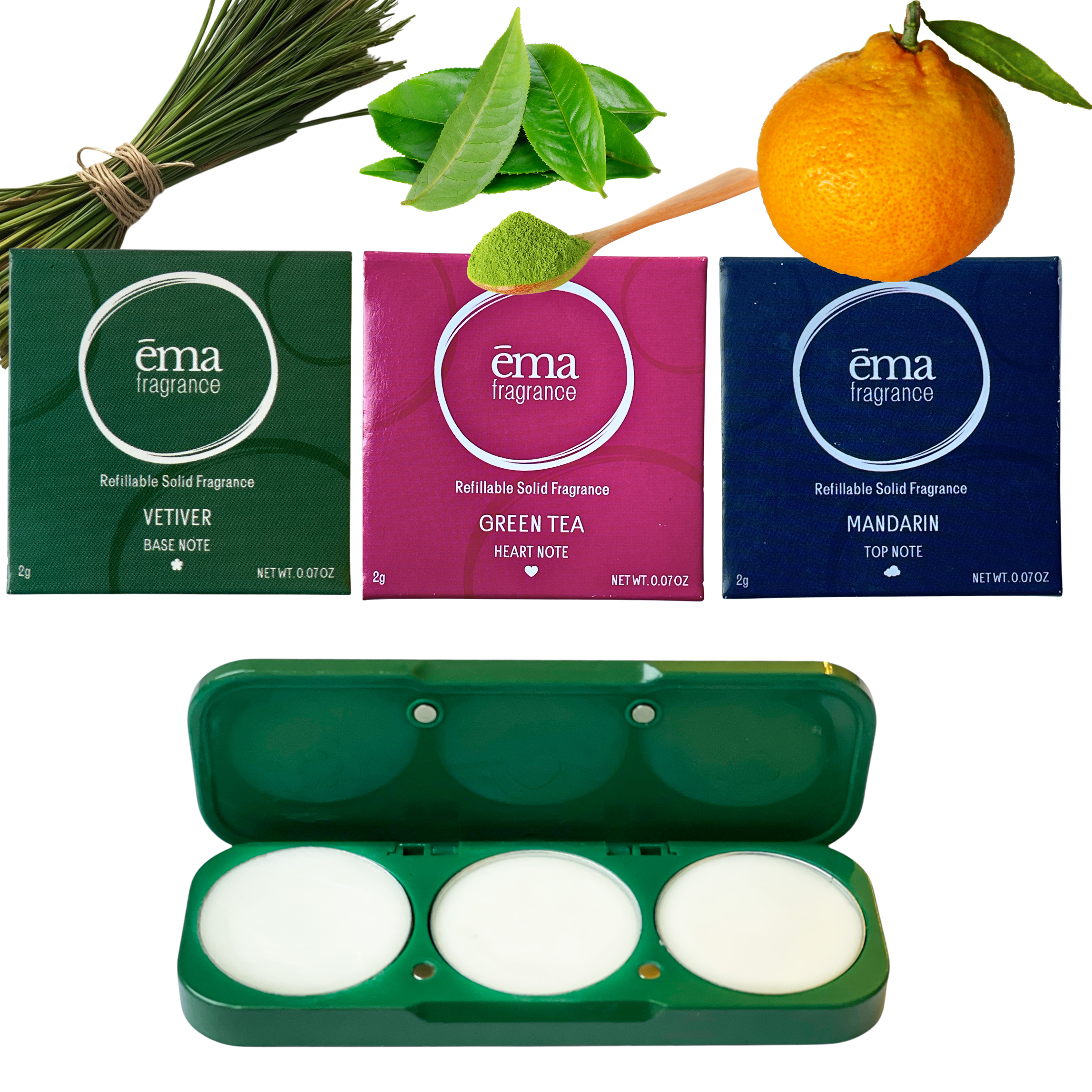 Invigorating Set -3 Solid Fragrance Pods - Vetiver, Green Tea, and Mandarin + Refillable Compact