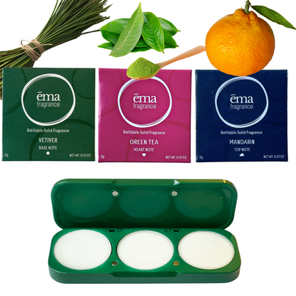 Invigorating Set -3 Solid Fragrance Pods - Vetiver, Green Tea, and Mandarin + Refillable Compact