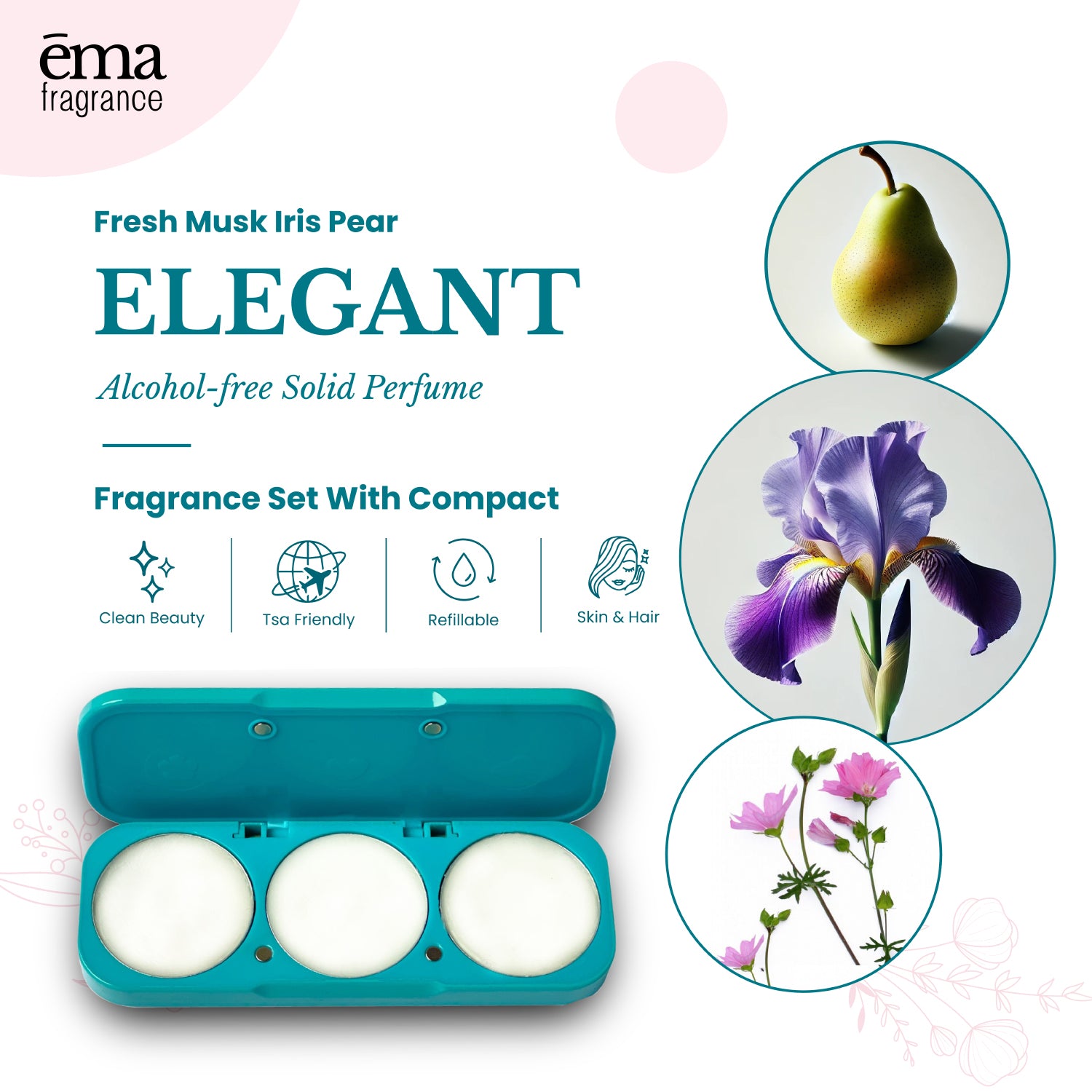 Elegant Set - 3 Solid Fragrance Pods - Fresh Musk, Iris, and Pear + Refillable Compact