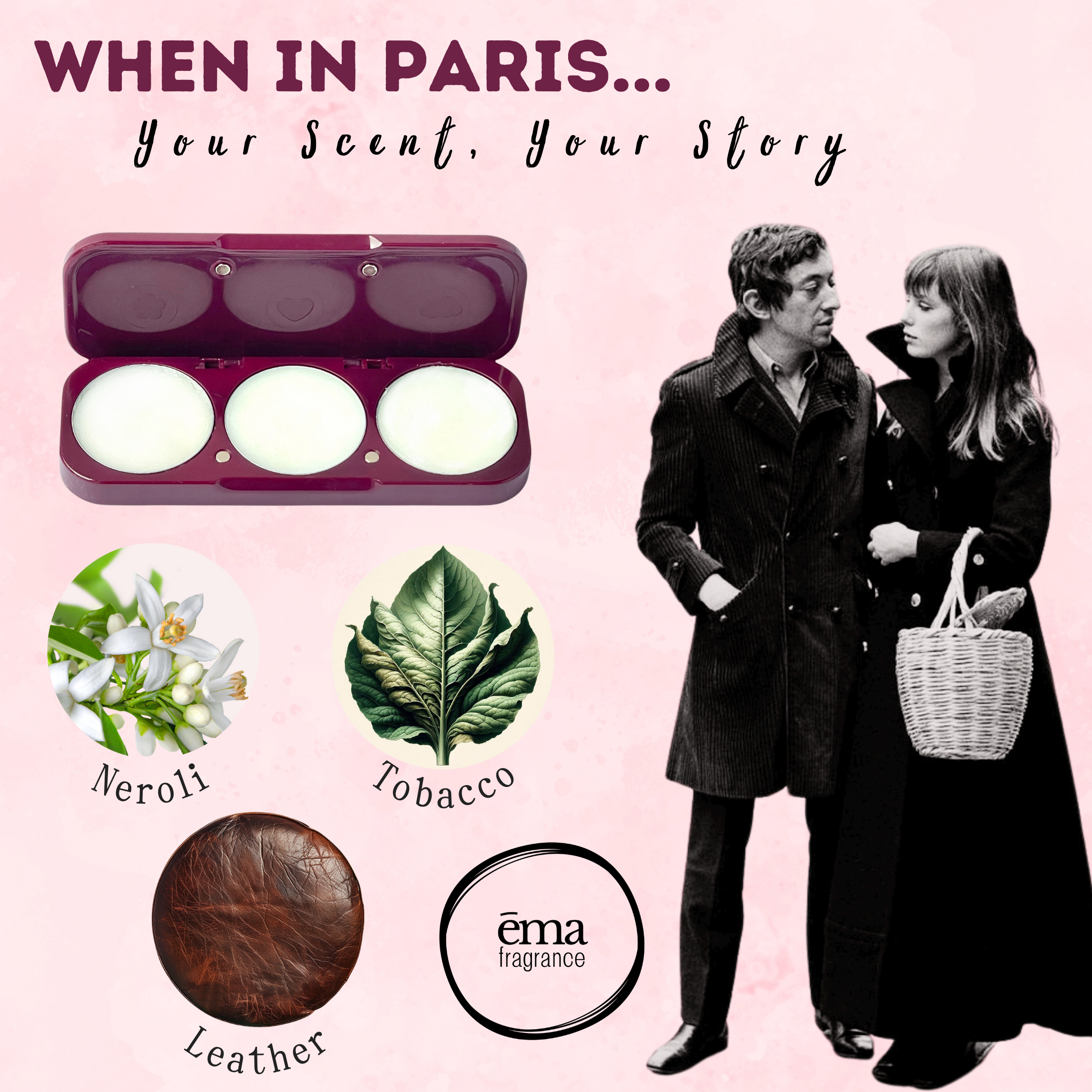 Paris inspired ema fragrance solid perfume blend with tobacco, neroli and leather