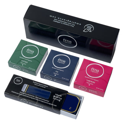 ema fragrance discovery gift set with leather, fig and tuberose and blue refillable perfume compact