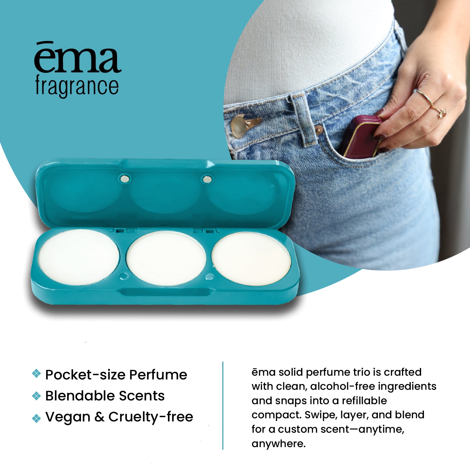 Elegant Set - 3 Solid Fragrance Pods - Fresh Musk, Iris, and Pear + Refillable Compact