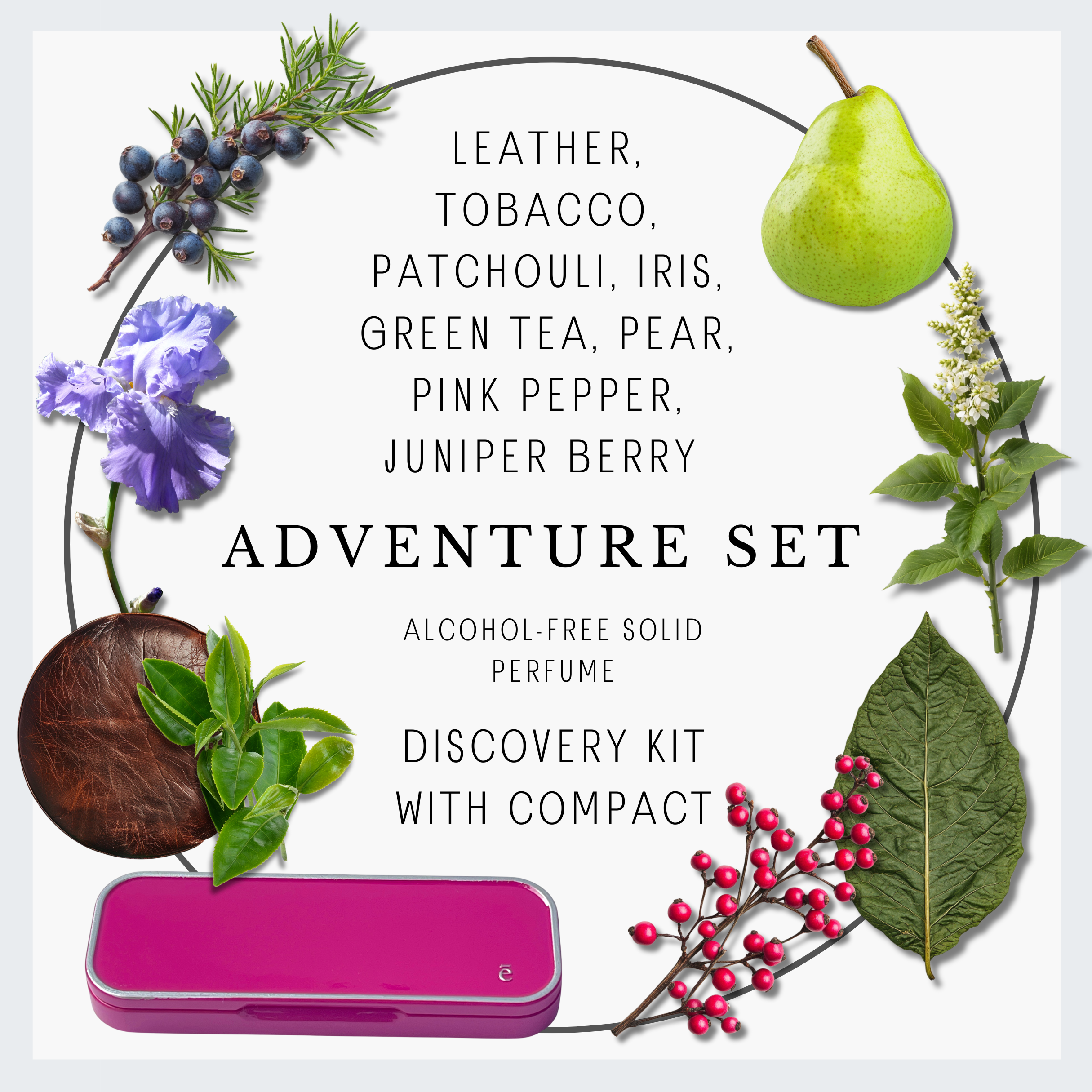 Adventure Set Discovery Kit with various solid perfume fragrances and hot pink compact