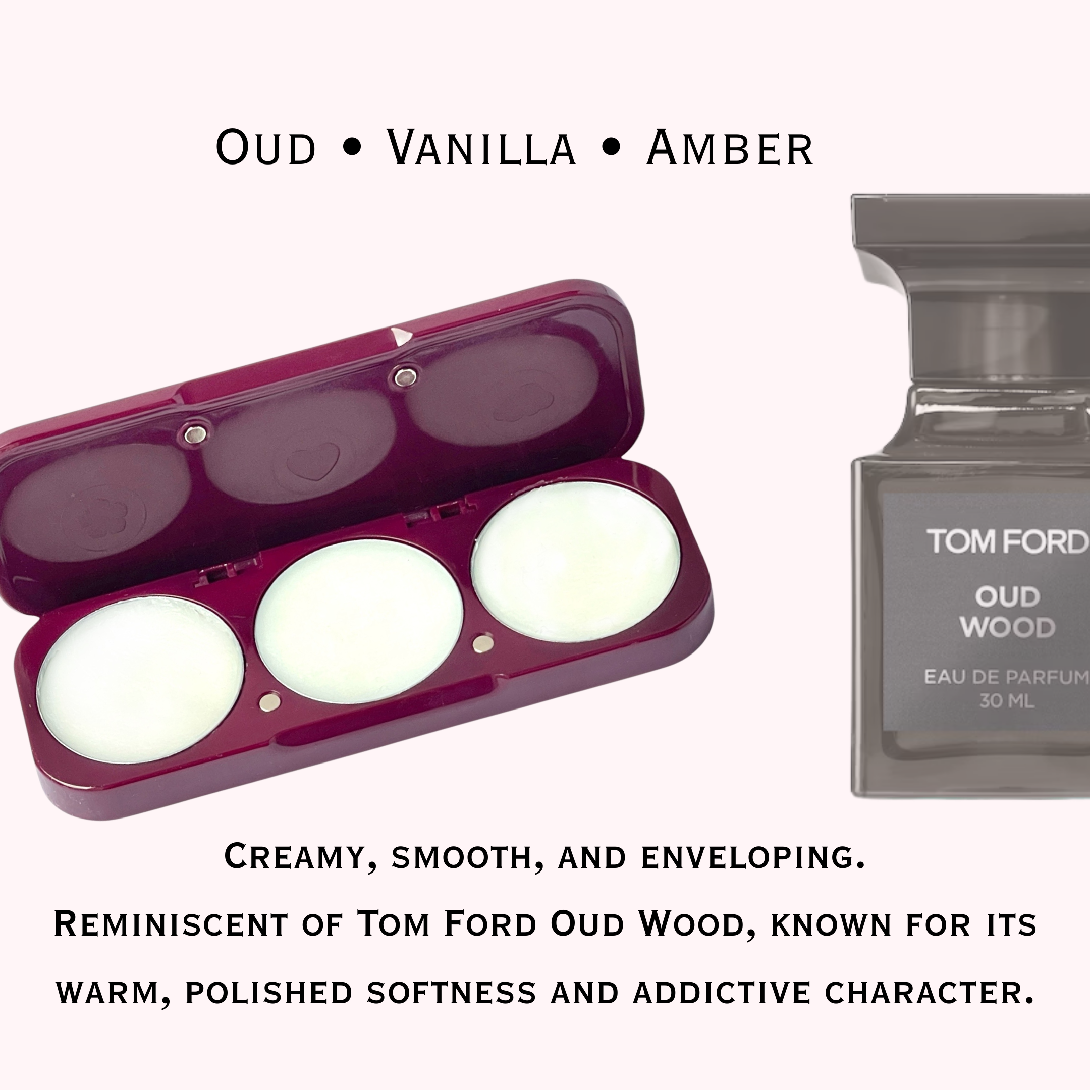 Tom Ford Oud Wood perfume bottle with ema fragrance solid perfume compact on a white background